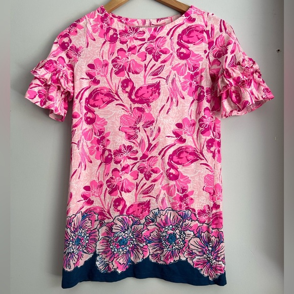 Lilly Pulitzer Girls Sorrento Dress Flounce L Large 8-10 Pink Blue Floral - Picture 1 of 8